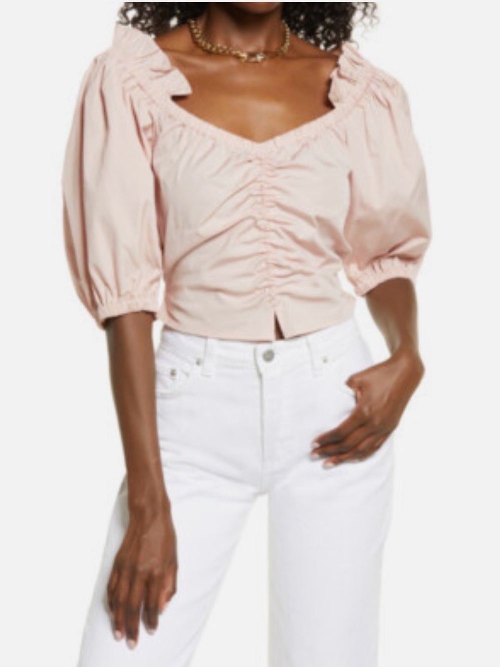 Open Edit Women's Puff Sleeve Poplin Top, Pink Smoke size XL